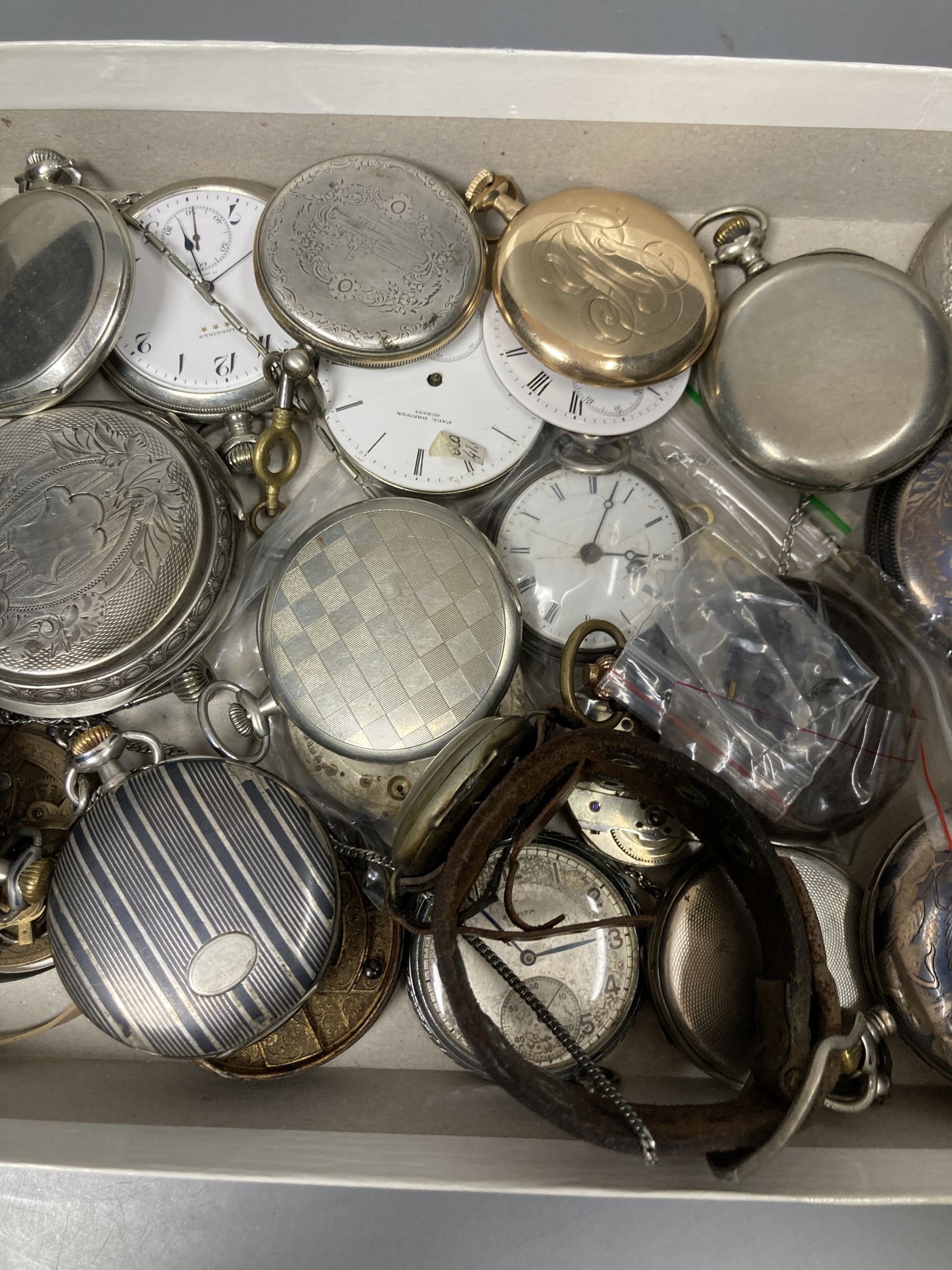 A collection of assorted mainly base metal pocket watches, movement etc. including niello, early 20th century wrist watch and a silver pair cased pocket watch (mainly a.f.).